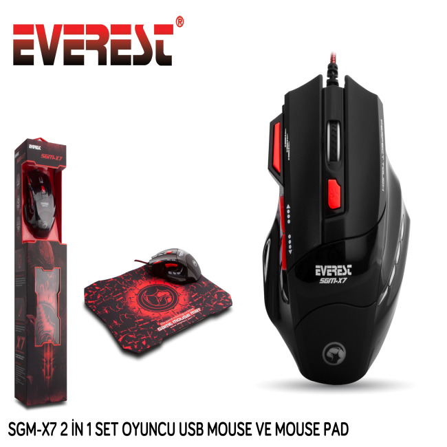 Everest SGM-X7 Usb Siyah Makrolu 7200dpi Oyuncu Mouse + Gaming Mouse Pad Hediyeli